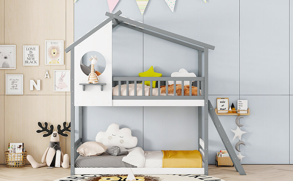 Twin Over Twin Bunk Bed Wood Bed with Roof, Window, Ladder,Gray(OLD SKU :LT100008AAE) - Atlantic Fine Furniture Melbourne FL