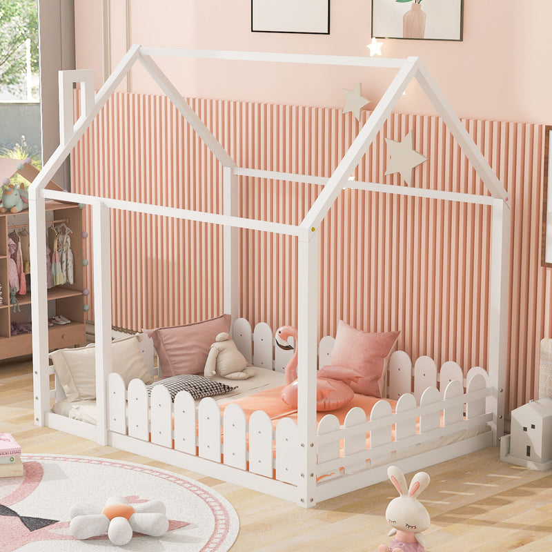(Slats Are Not Included) Full Size Wood Bed House Bed Frame With Fence, For Kids, Teens, Girls, Boys (White )