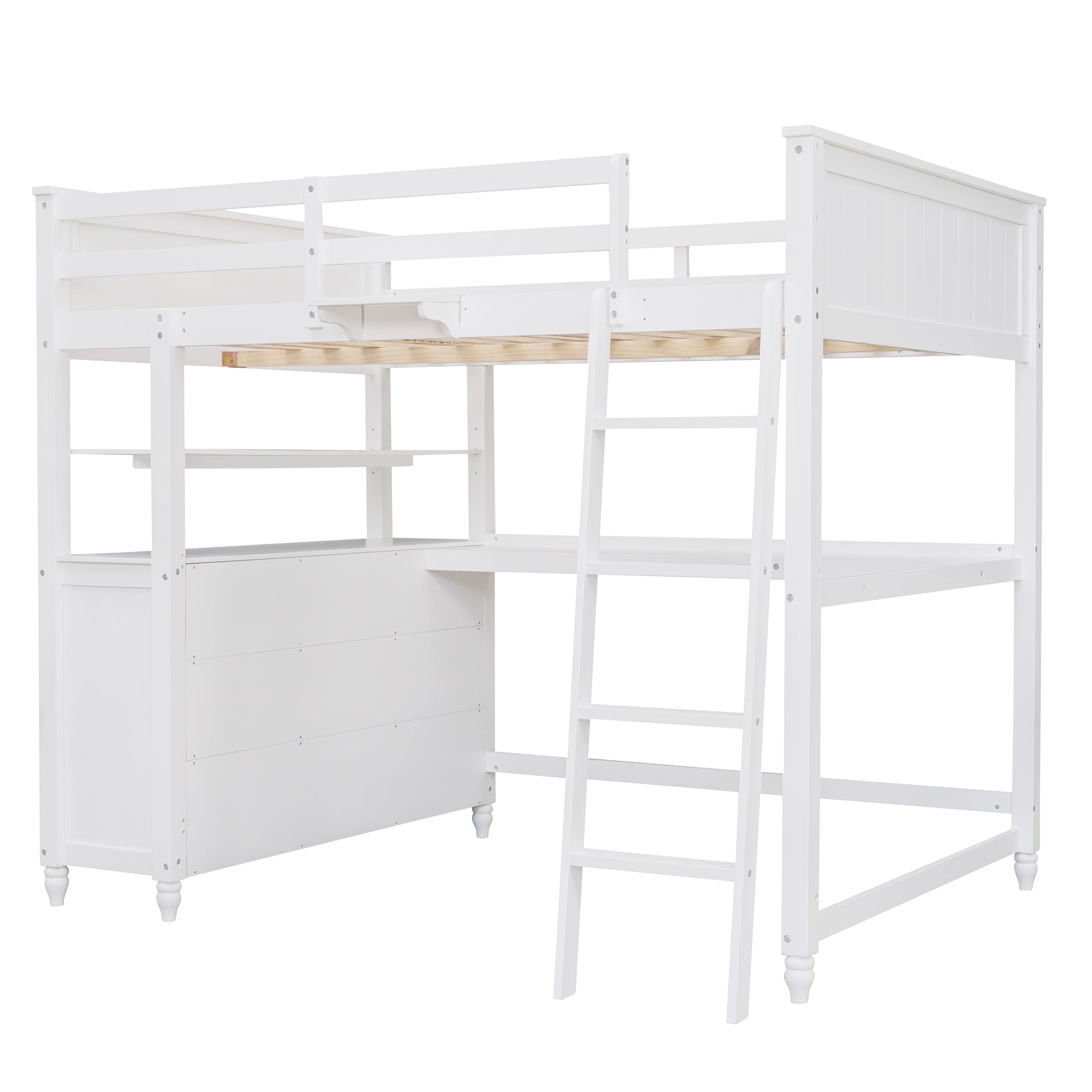 Full size Loft Bed with Drawers and Desk, Wooden Loft Bed with Shelves - White(OLD SKU:LT001529AAK) - Atlantic Fine Furniture Melbourne FL