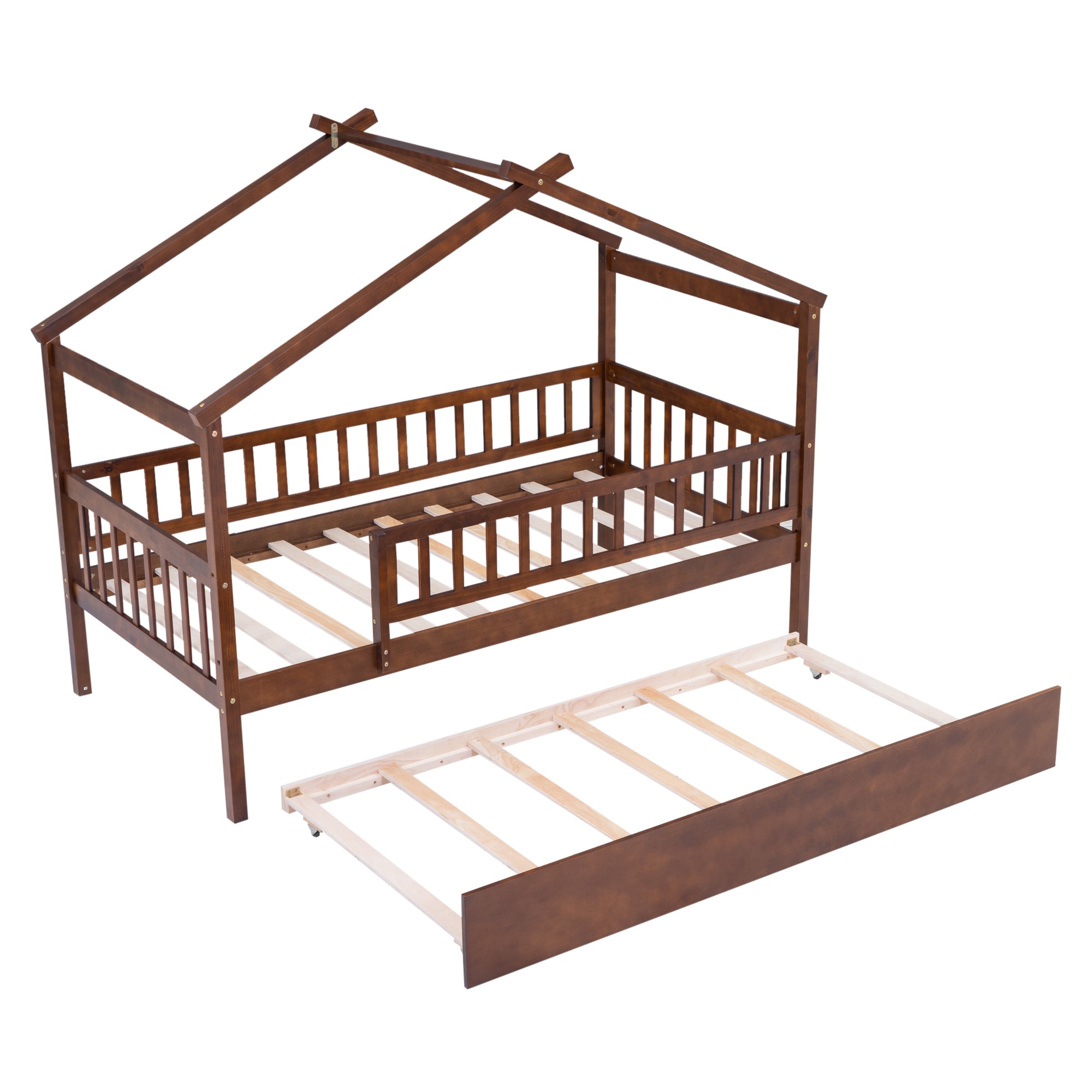 Twin Size Wooden House Bed with Twin Size Trundle, Walnut - Atlantic Fine Furniture Melbourne FL