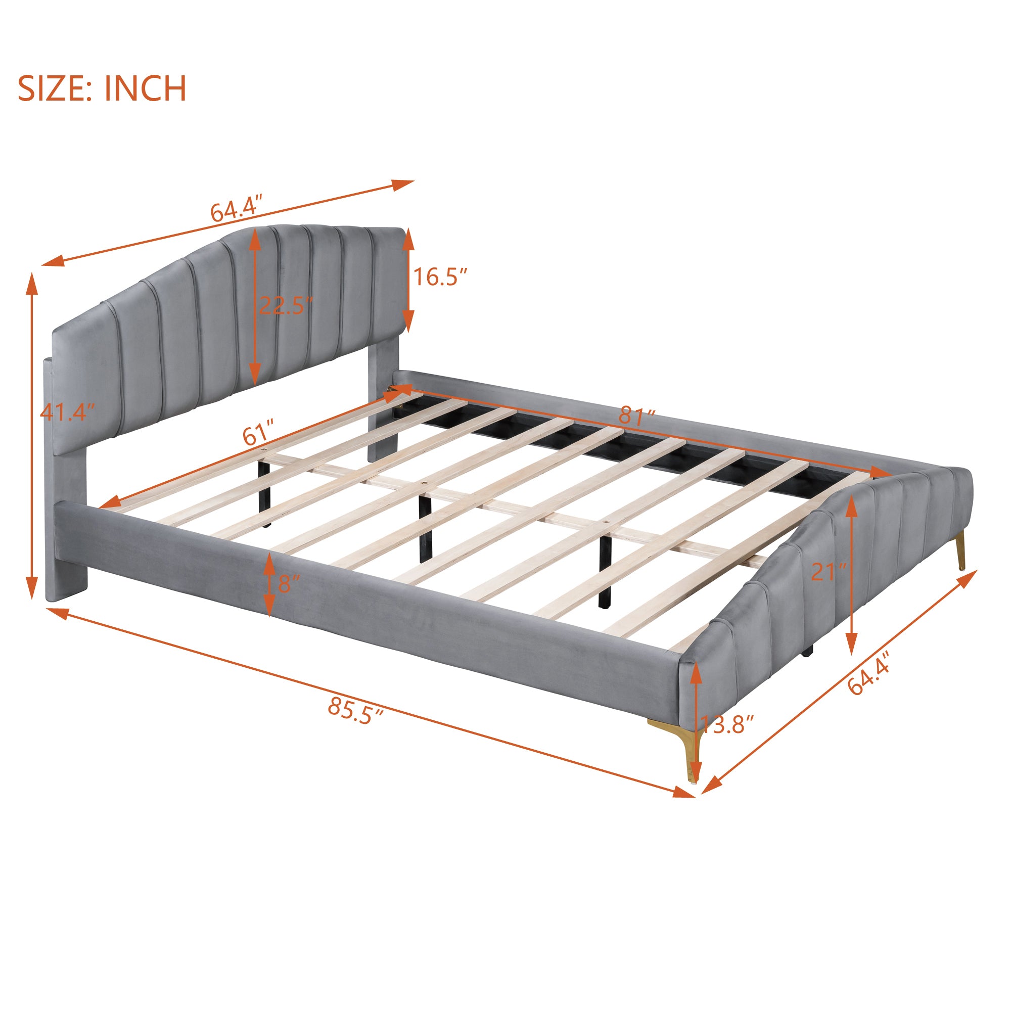 Queen Size Velvet Platform Bed with Thick Fabric, Stylish Stripe Decorated Bedboard and Elegant Metal Bed Leg, Gray - Atlantic Fine Furniture Melbourne FL