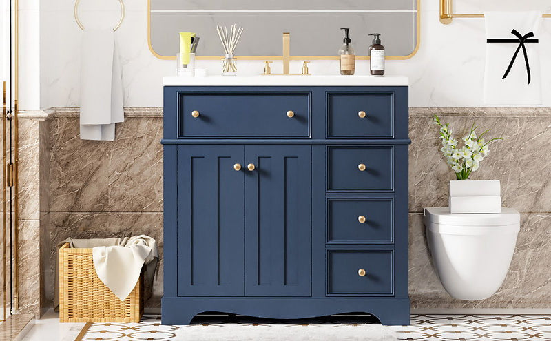 Bathroom Vanity With Resin Sink Combo, Frame Bathroom Storage Cabinet, Freestanding Vanity Set With 3 Drawers & Adjustable Shelf - Blue