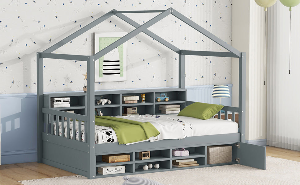Twin Size Wooden House Bed with Shelves and a Mini-cabinet, Gray - Atlantic Fine Furniture Melbourne FL