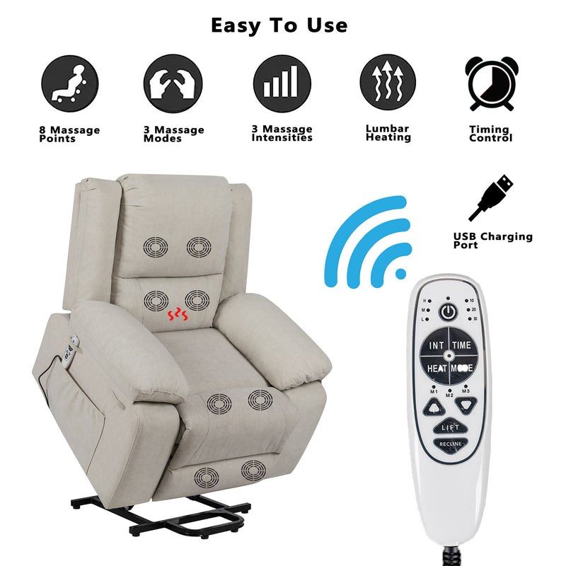 Electric Power Recliner Chair With Massage For Elderly, Remote Control Multi-Function Lifting, Timing, Cushion Heating Chair With Side Pocket