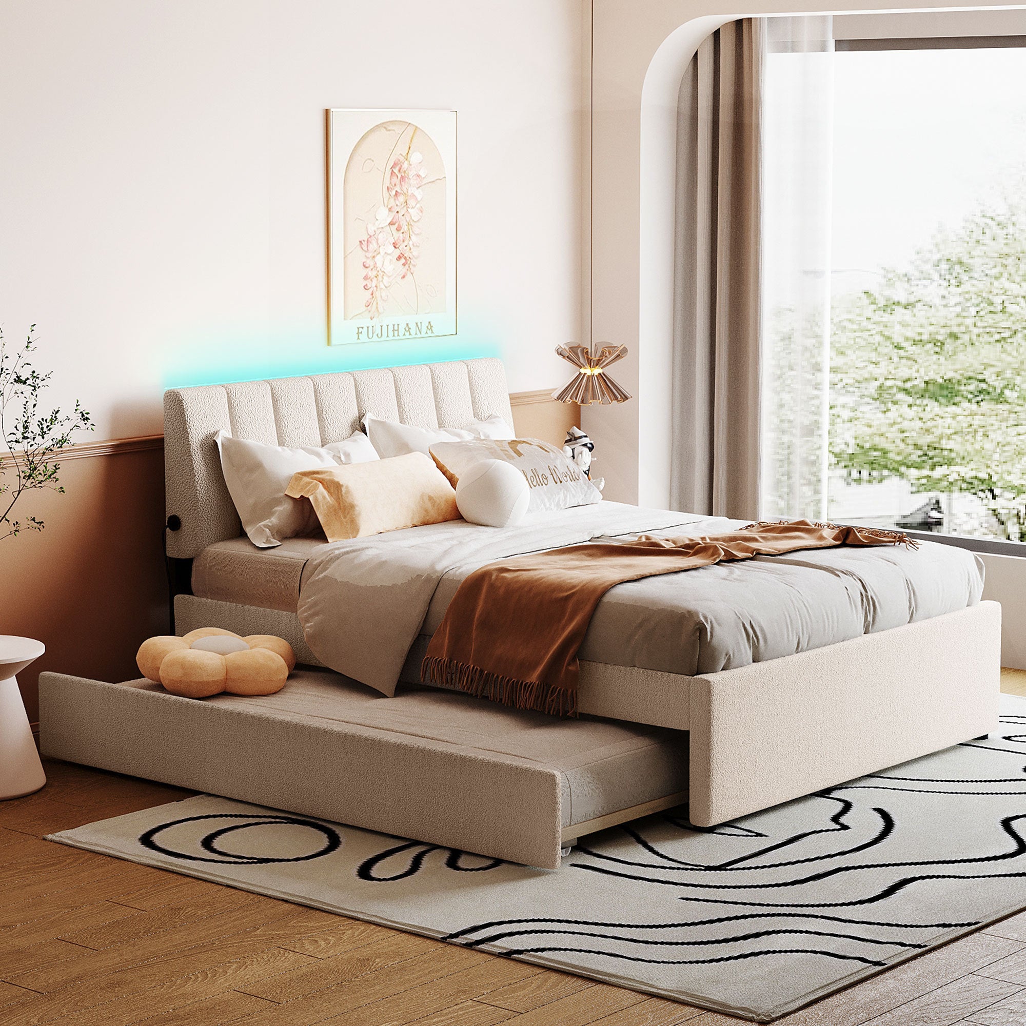Teddy Fleece Full Size Upholstered Platform Bed with Trundle, Beige - Atlantic Fine Furniture Melbourne FL