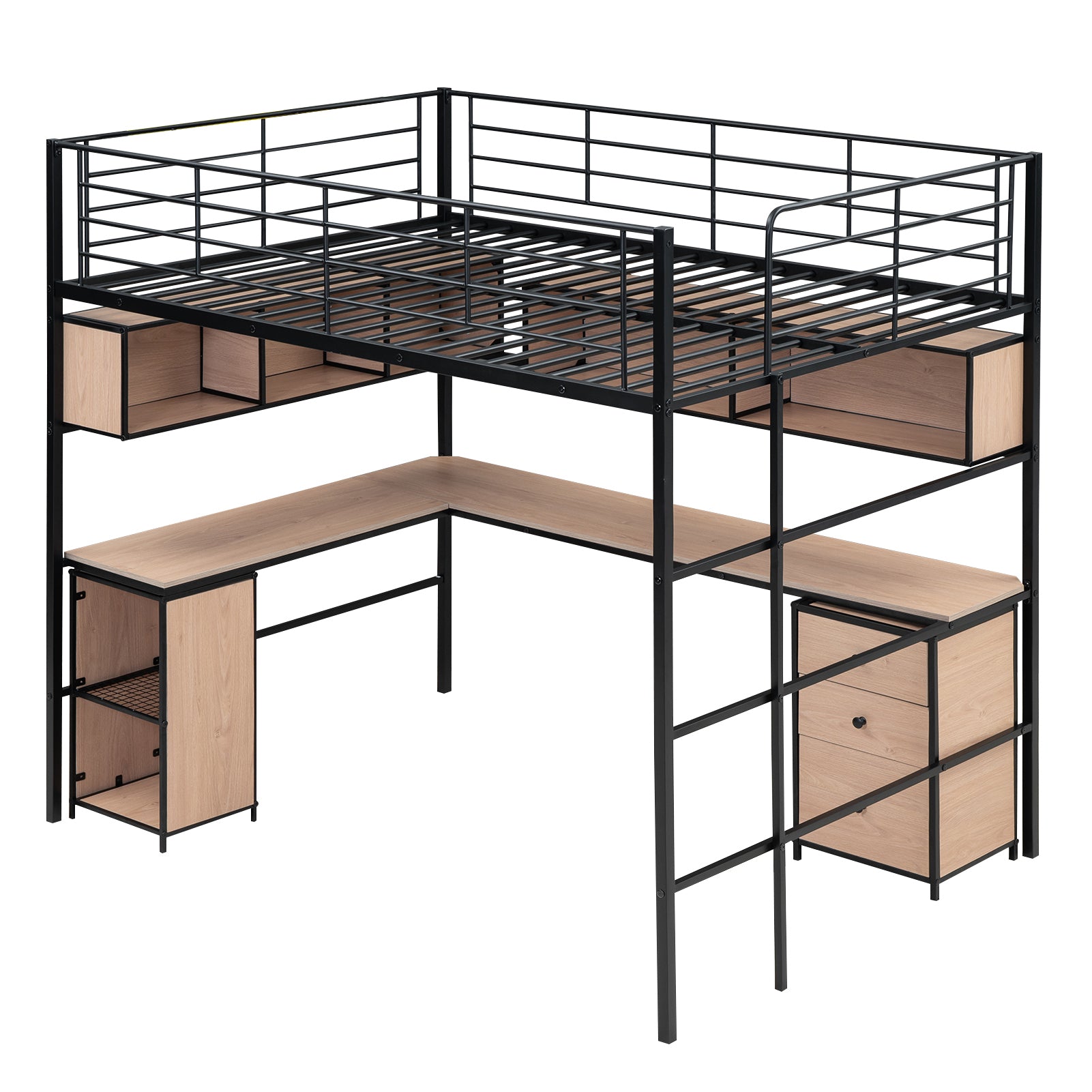 Metal Loft Bed with bookcase, desk and cabinet, Full, Black - Atlantic Fine Furniture Melbourne FL