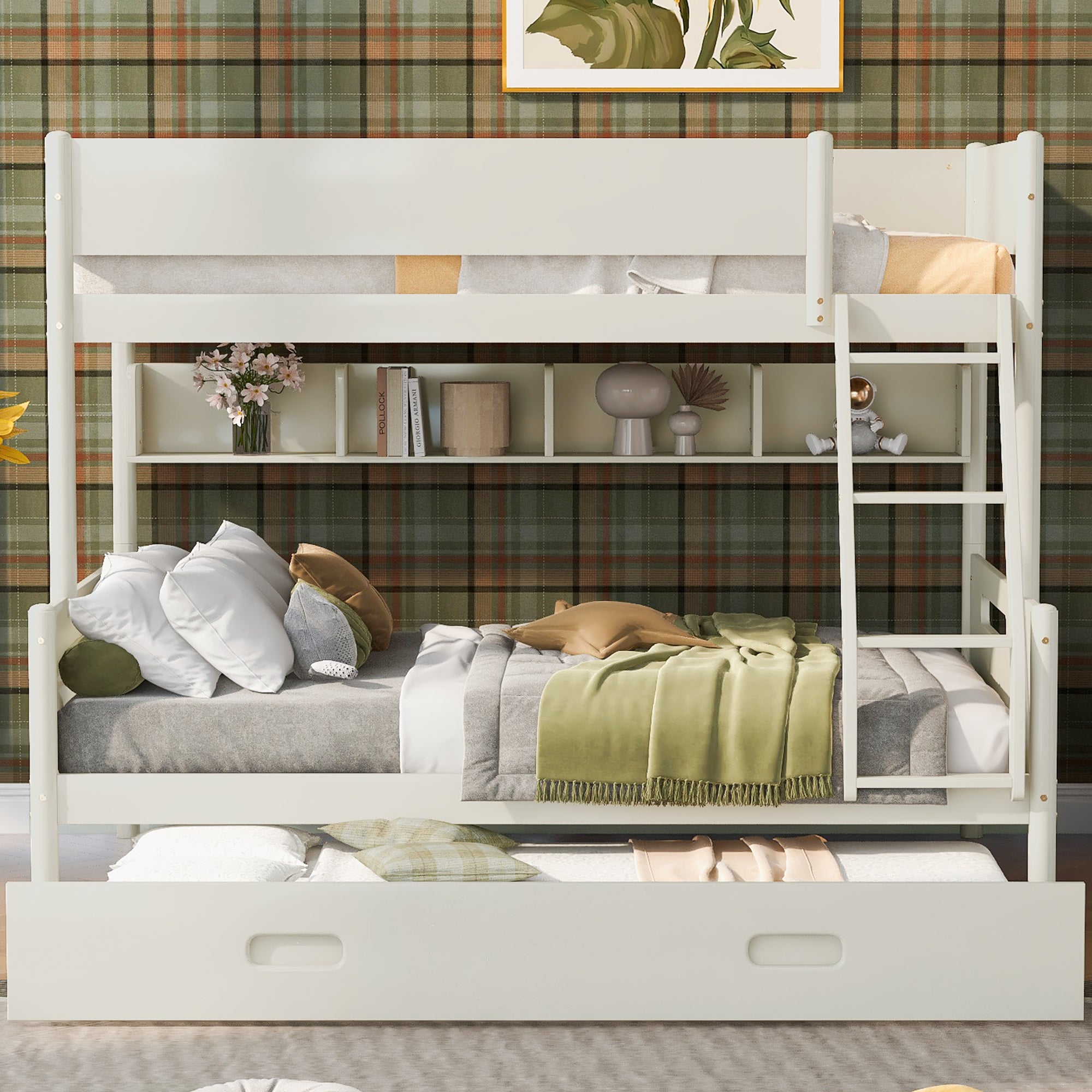 Wood Twin over Full Bunk Bed with Storage Shelves and Twin Size Trundle, Cream - Atlantic Fine Furniture Melbourne FL