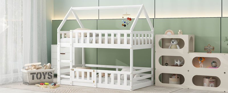 Twin over Twin House Bunk Bed with Fence and Door, White