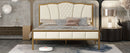 Queen Size Bed Frame, Modern Upholstered Bed Frame with Tufted Headboard, Golden Metal Platform Bed Frame with Wood Slat Support, Noise Free, No Box Spring Needed,Beige