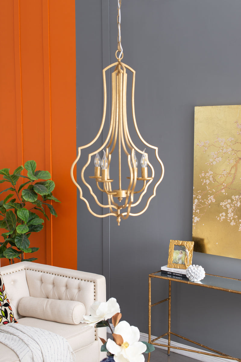 4 Light Metal Chandelier, Hanging Light Fixture With Adjustable Chain For Kitchen Dining Room Foyer Entryway, Bulb Not Included - Gold