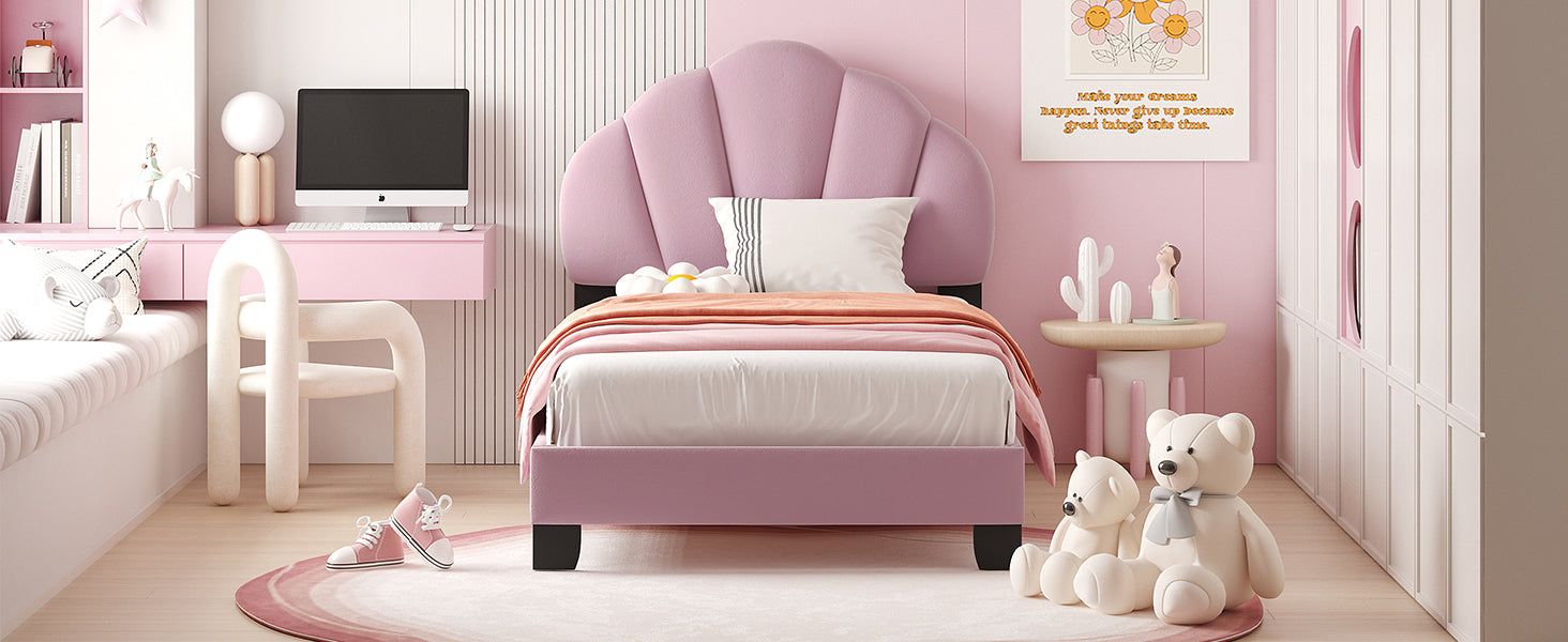 Twin Size Upholstered Velvet Platform Bed with Shell-Shaped Headboard, Pink - Atlantic Fine Furniture Melbourne FL
