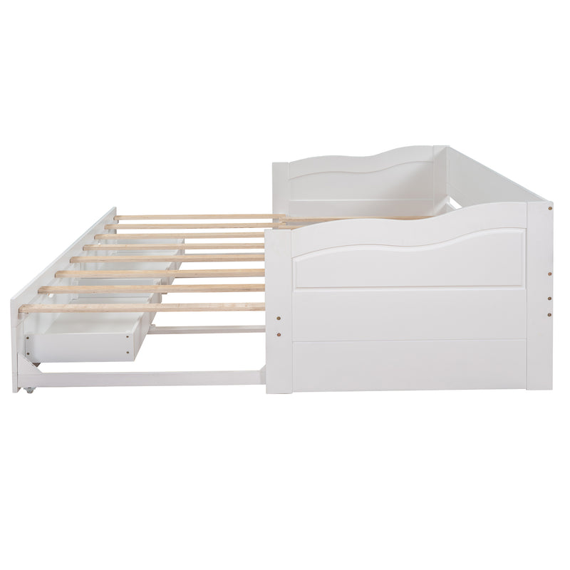 Wooden Daybed with Trundle Bed and Two Storage Drawers , Extendable Bed Daybed,Sofa Bed with Two Drawers, White