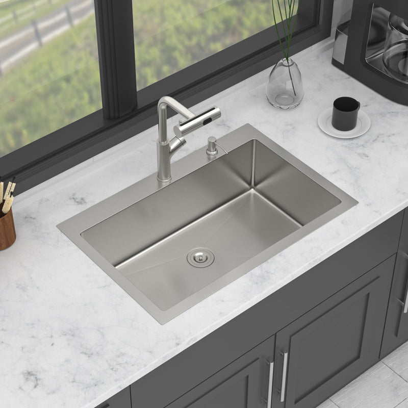 30" Single Bowl Drop In Kitchen Sink With Pull Out Faucet And Soap Dispenser - Brushed Nickel