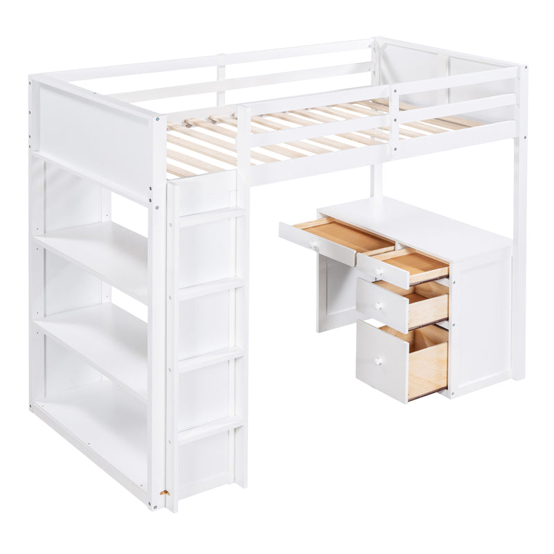 Twin Size Loft Bed with Ladder, Shelves, and Desk, White