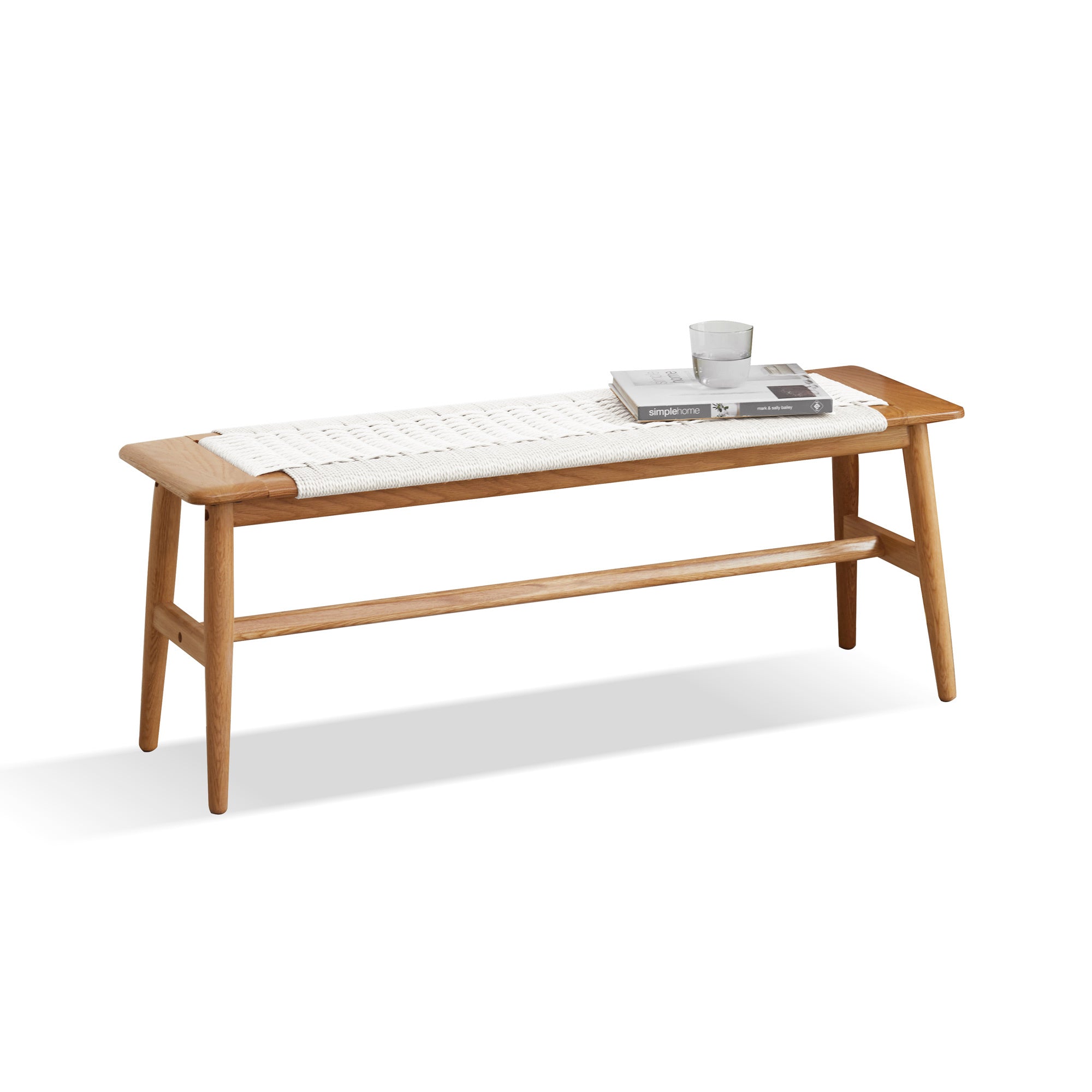 Design Natural Oak Wood Dining Bench Bed Bench with Handwoven Cane Seat in White