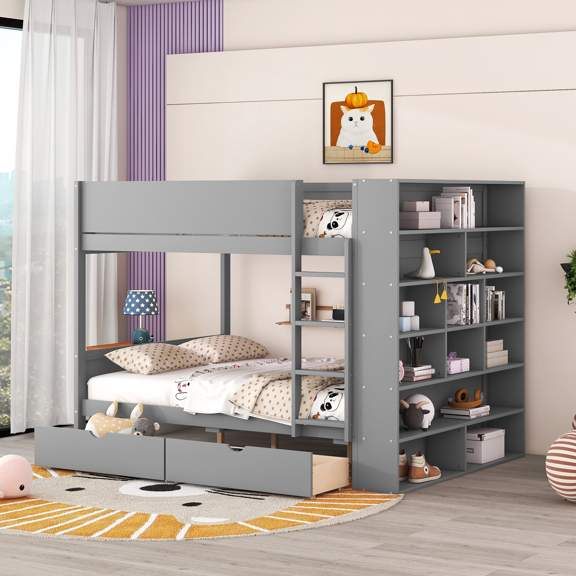 Full over Full Bunk Bed With 2 Drawers and Multi-layer Cabinet, Gray - Atlantic Fine Furniture Melbourne FL