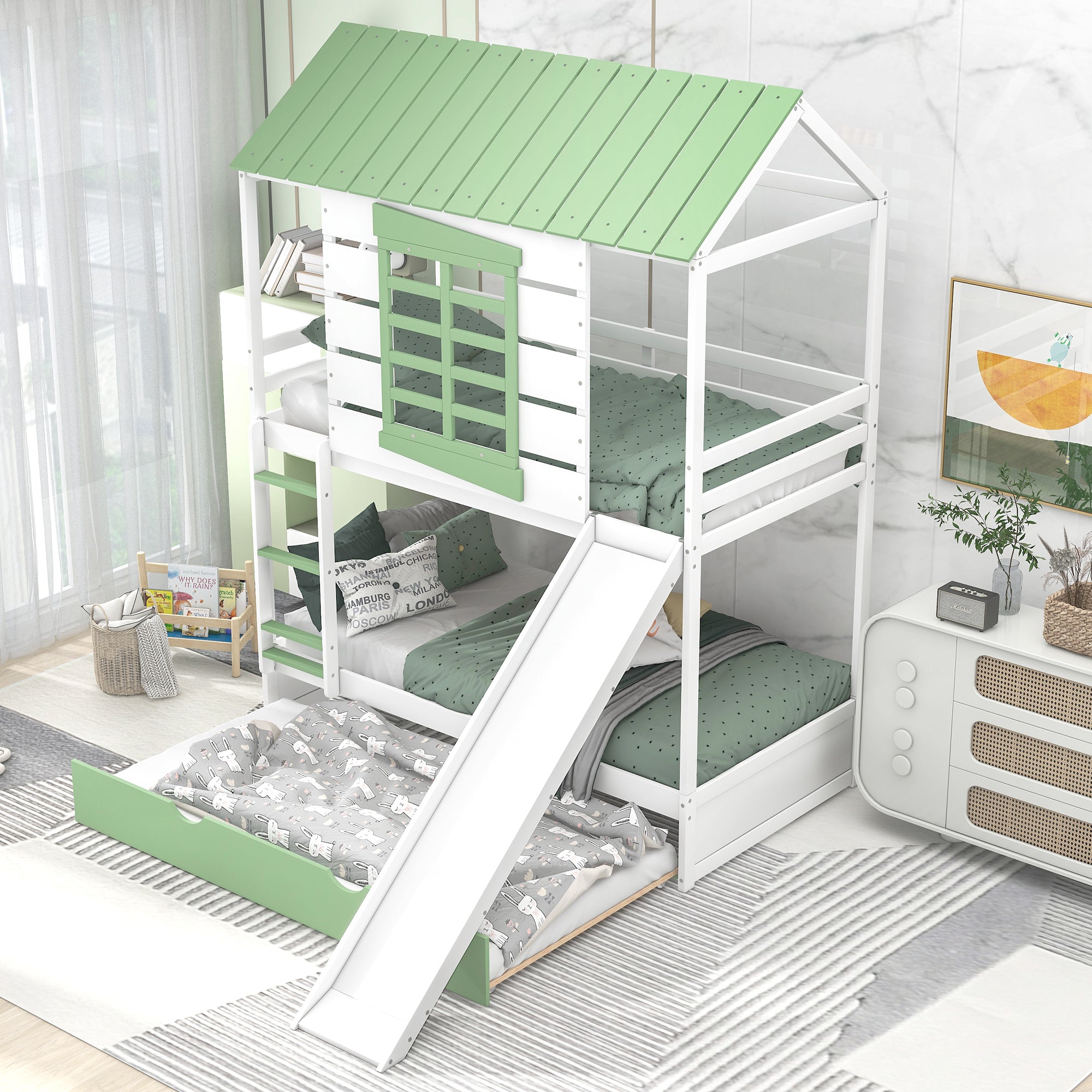 Twin over Twin Size House Bunk Bed with Convertible Slide and Trundle, White+Green - Atlantic Fine Furniture Melbourne FL