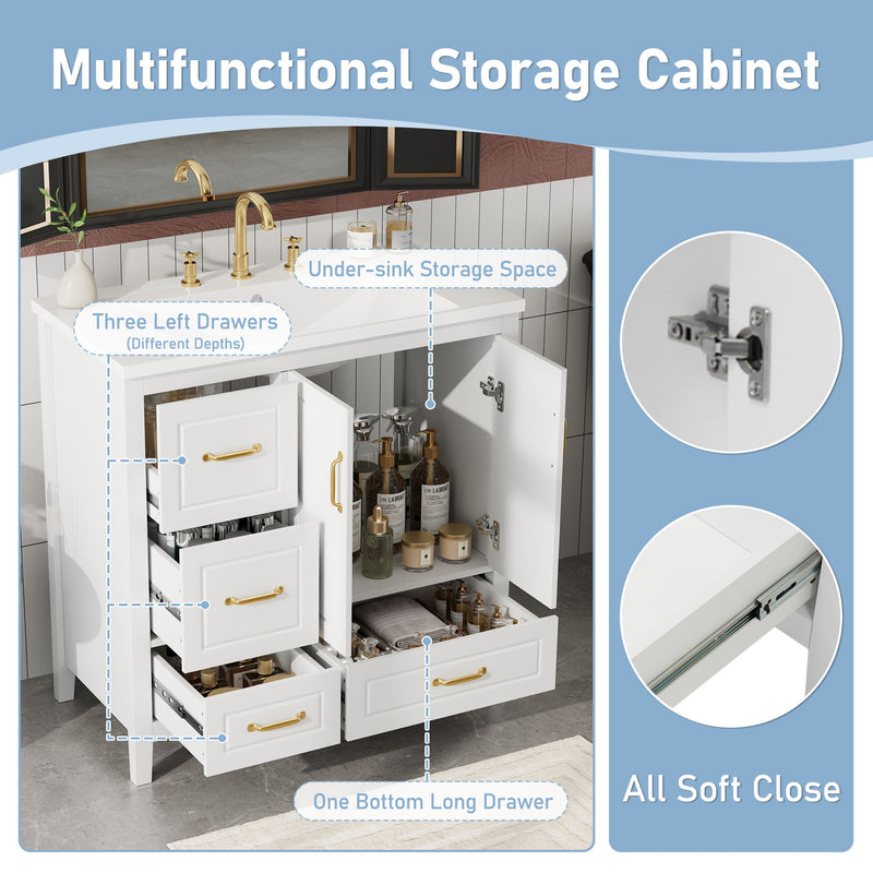 Bathroom Vanity With Sink, Soft Closing Doors & Drawers, Metal Handles