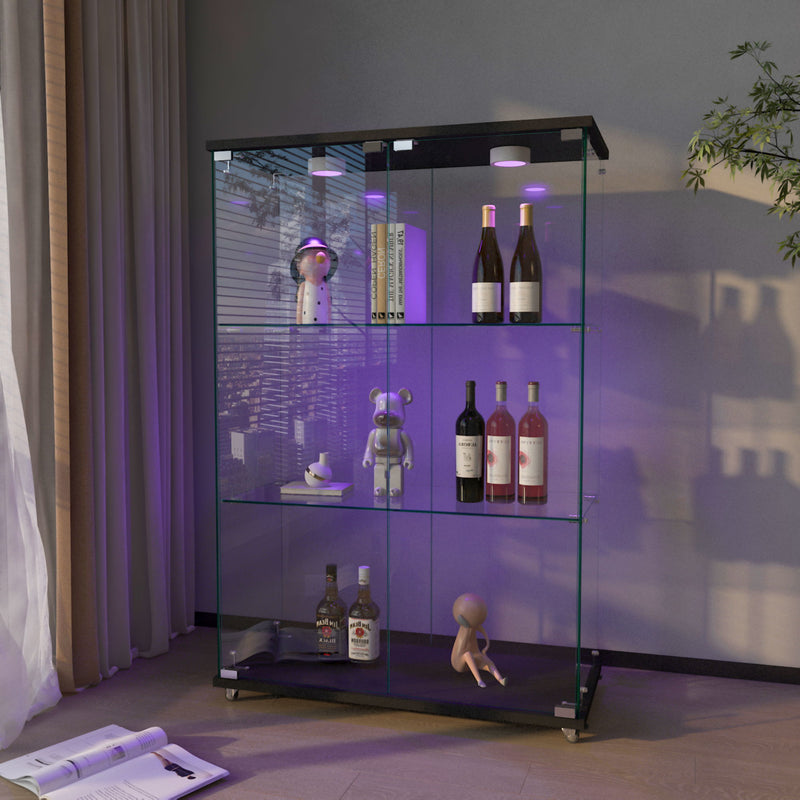 Modern Display Cabinet With LED Lights, Transparent Tempered Glass 2 Door Storage Case With 3 Shelves