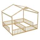 Double Twin House-Style Floor Bed with Fence, Guardrails, without door, Natural