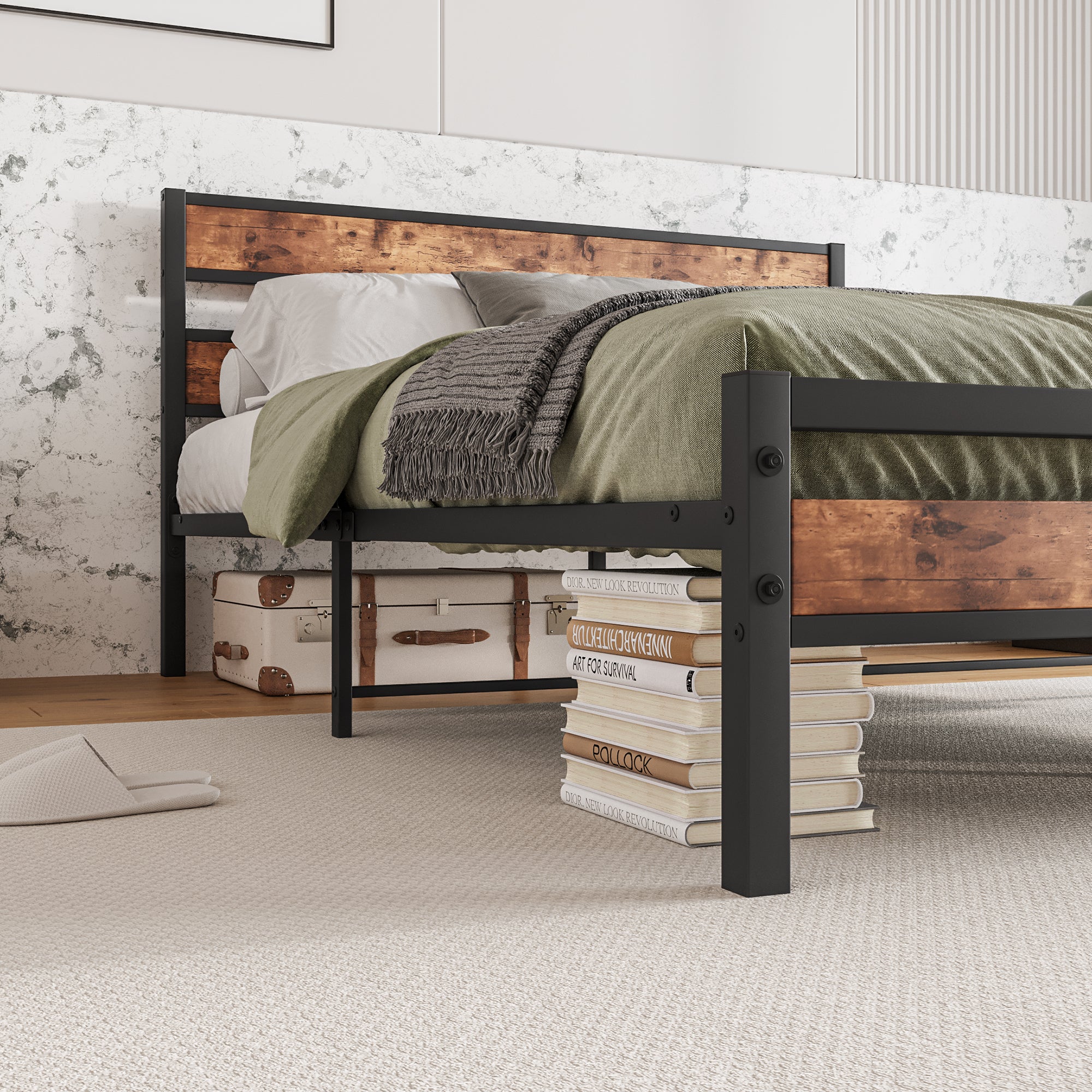 Queen Size Platform Bed Frame with Rustic Vintage Wood Headboard, Strong Metal Slats Support, No Box Spring Needed - Atlantic Fine Furniture Melbourne FL