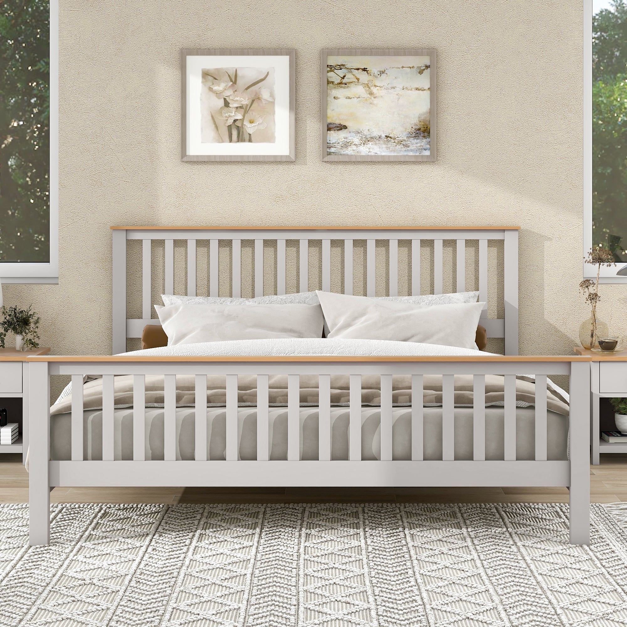 Country Style Concise Gray Solid Platform Bed with Oak Top, No Box Spring Needed, King - Atlantic Fine Furniture Melbourne FL