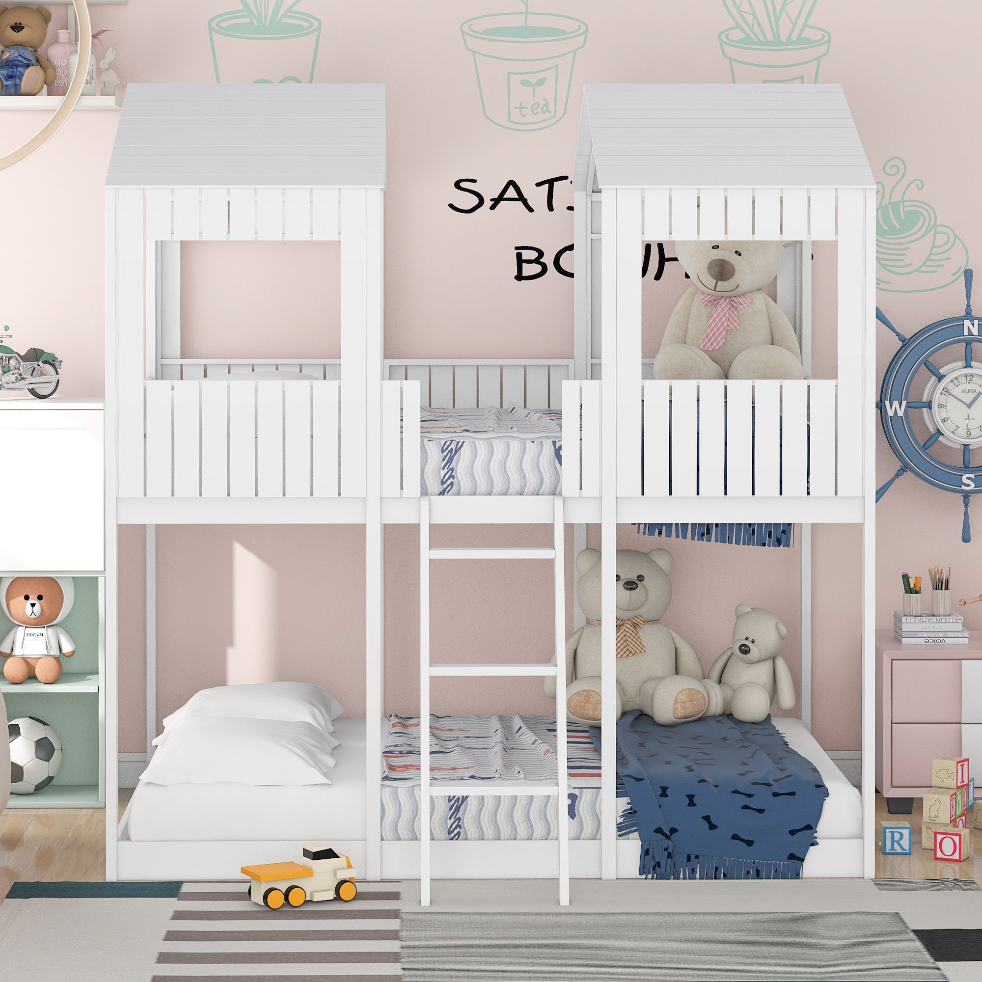 Full Over Full WoodBunk Bed with Roof, Window, Guardrail, Ladder(White)( old sku: LT000031AAK ) - Atlantic Fine Furniture Melbourne FL