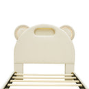 Twin Size Upholstered Platform Bed with Bear-Shaped Headboard and Embedded Light Stripe, Velvet, Beige