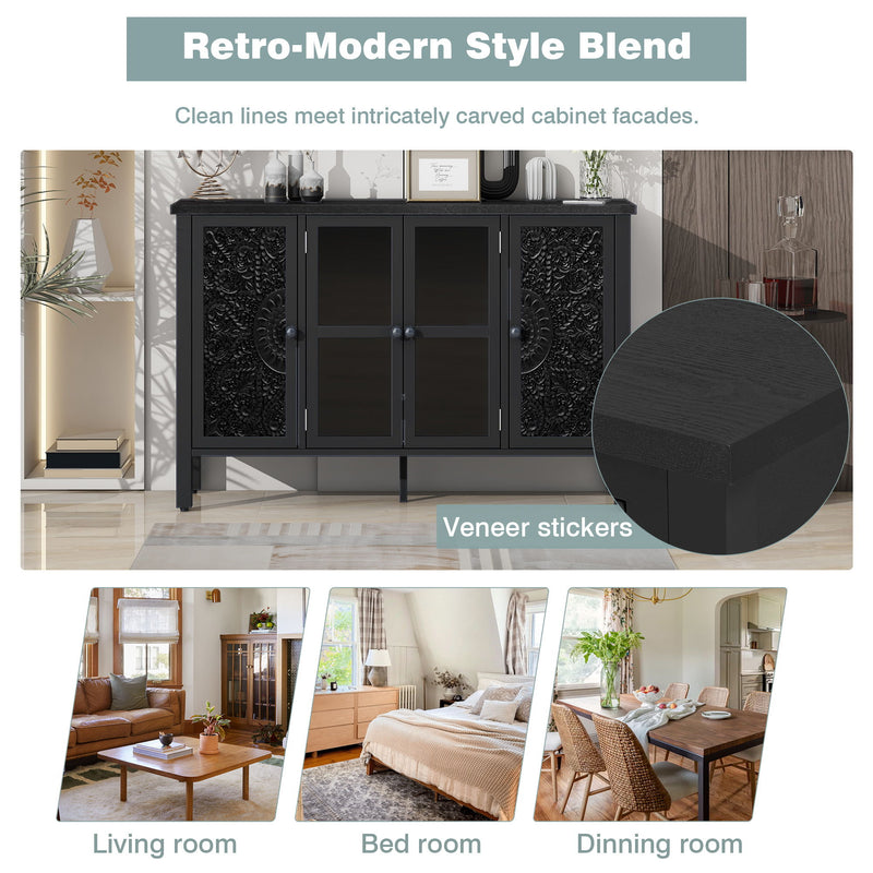 Retro TV Stand With 3 Spacious Cabinets, Glass Cabinet Doors And Anti-Tip Device