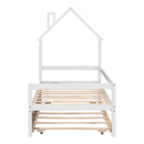 Twin House Wooden Daybed with trundle, Twin House-Shaped Headboard  bed with Guardrails,White