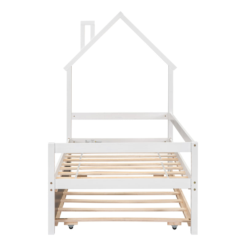 Twin House Wooden Daybed with trundle, Twin House-Shaped Headboard  bed with Guardrails,White