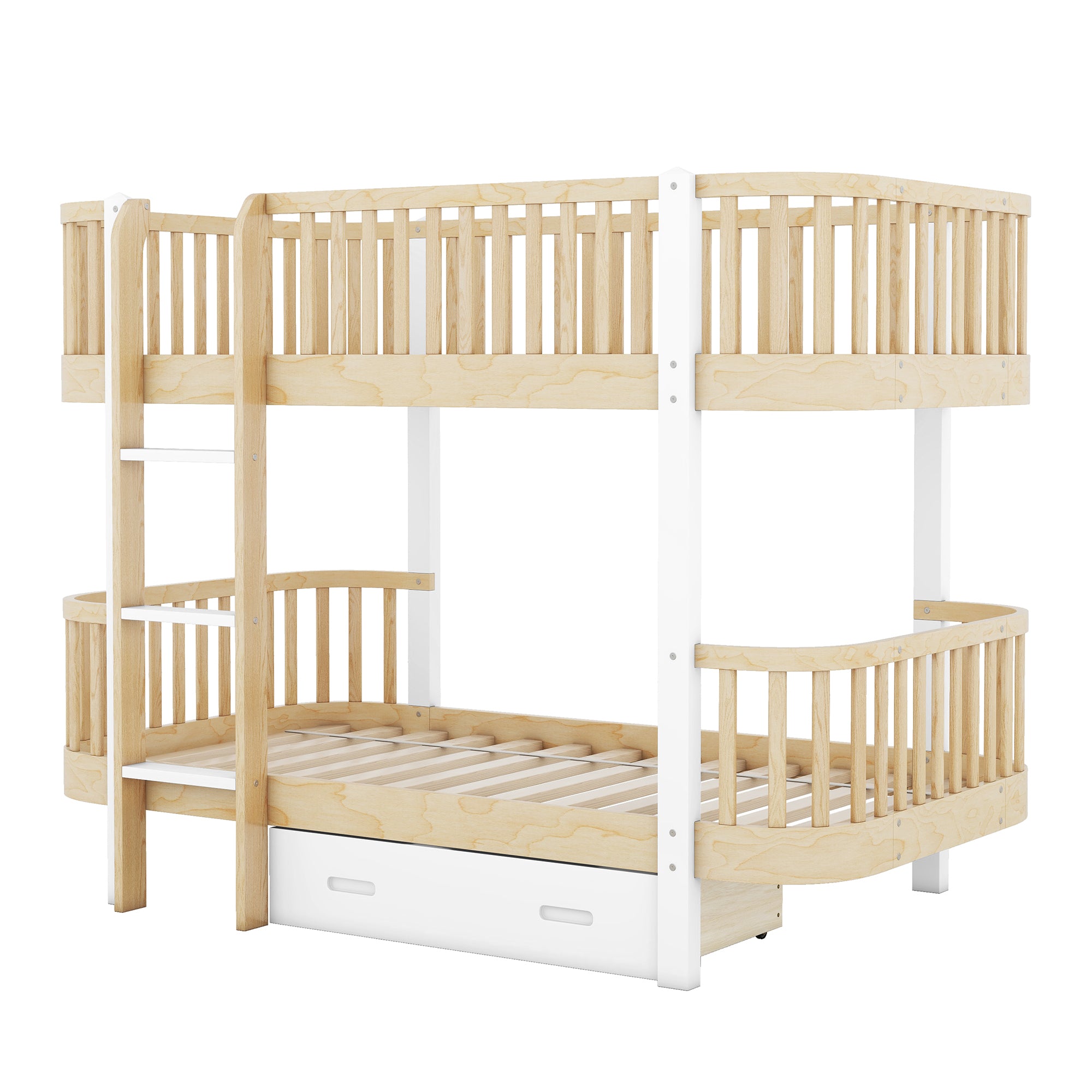 Wood Twin over Twin Bunk Bed with Fence Guardrail and a Big Drawer, Natural White - Atlantic Fine Furniture Melbourne FL