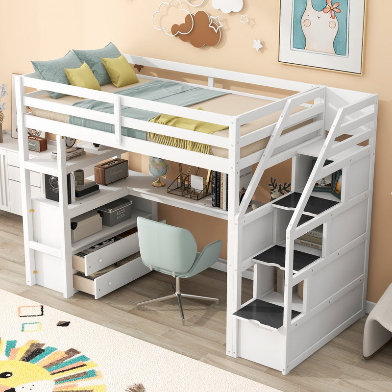 Twin Size Loft Bed with Desk and Shelves, Two Built-in Drawers, Storage Staircase, White