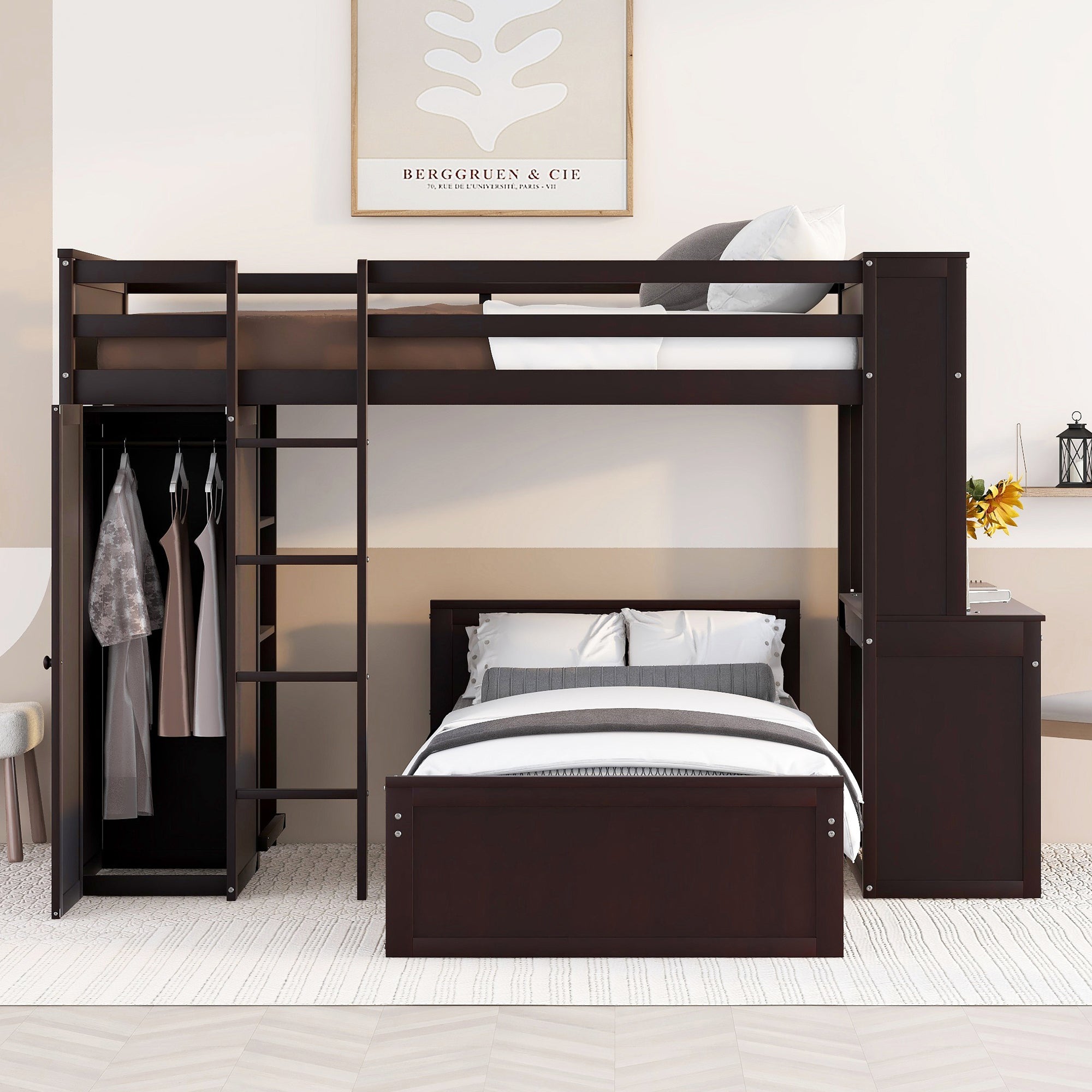 Twin size Loft Bed with a Stand-alone bed, Shelves,Desk,and Wardrobe-Espresso - Atlantic Fine Furniture Melbourne FL
