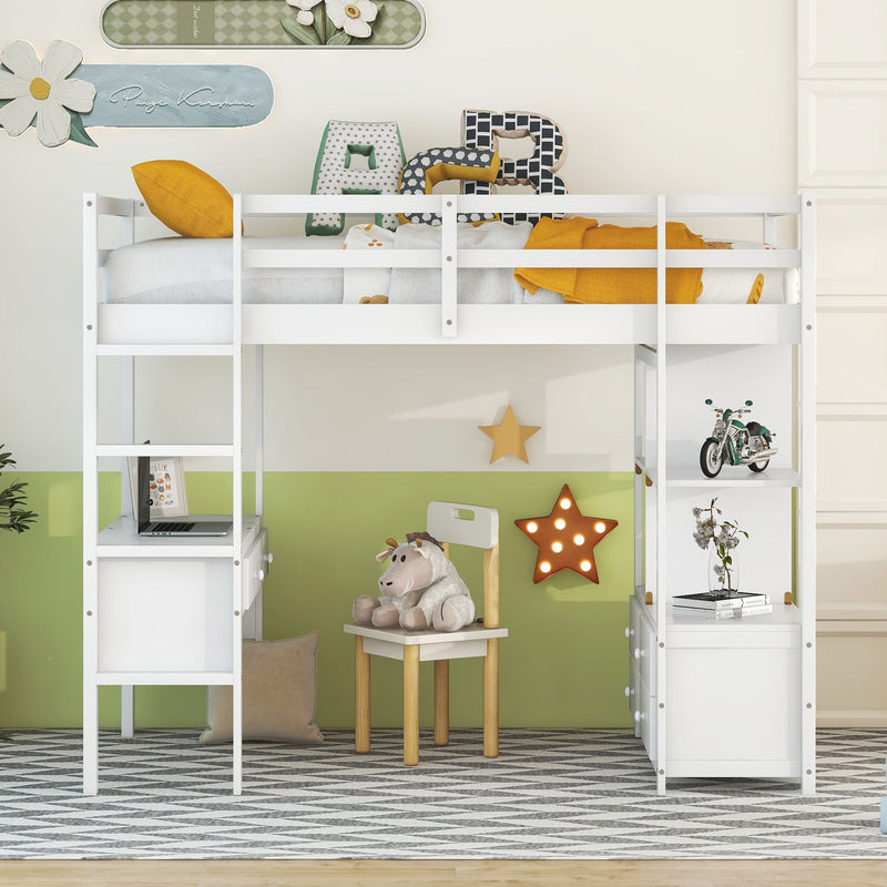 Twin Size Lo Feet Bed With Built-In Desk With Two Drawers, And Storage Shelves And Drawers, White