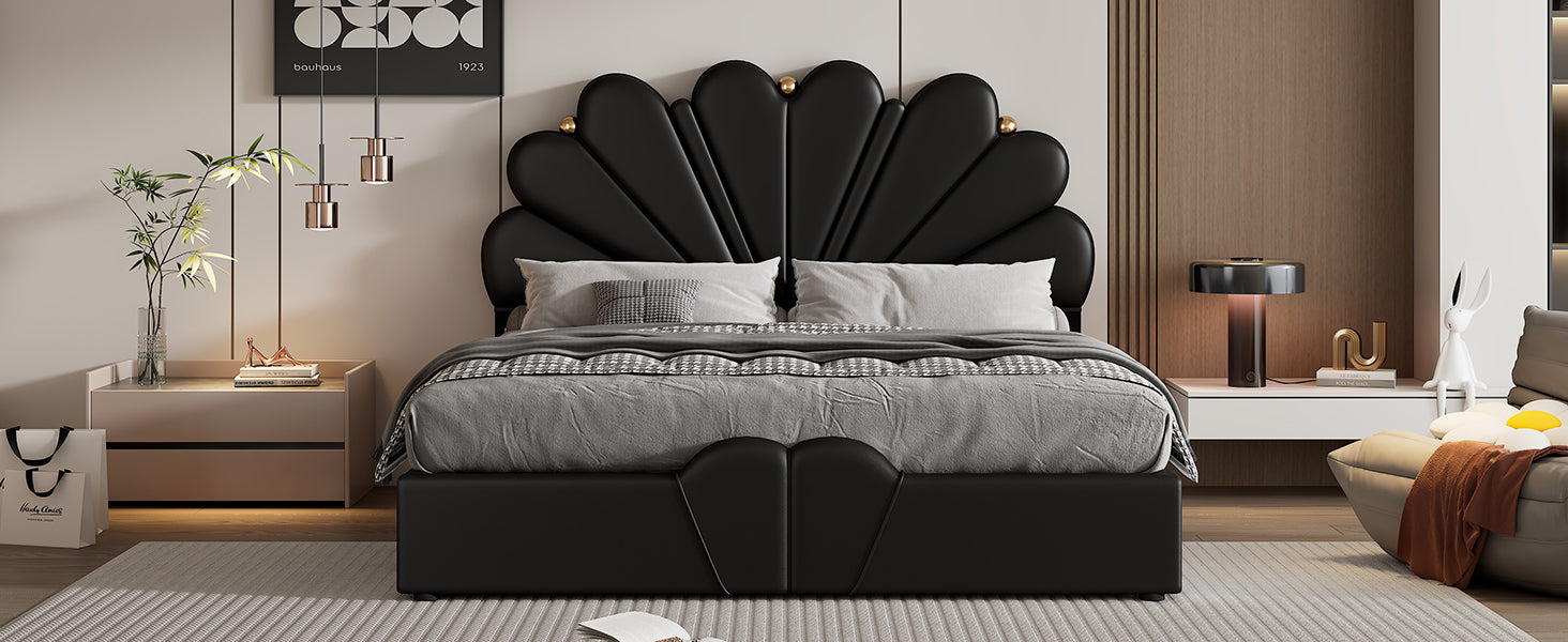 Queen Size Upholstered  Petal Shaped Platform Bed  with Hydraulic Storage System, PU Storage Bed, Decorated with metal balls, Black - Atlantic Fine Furniture Melbourne FL