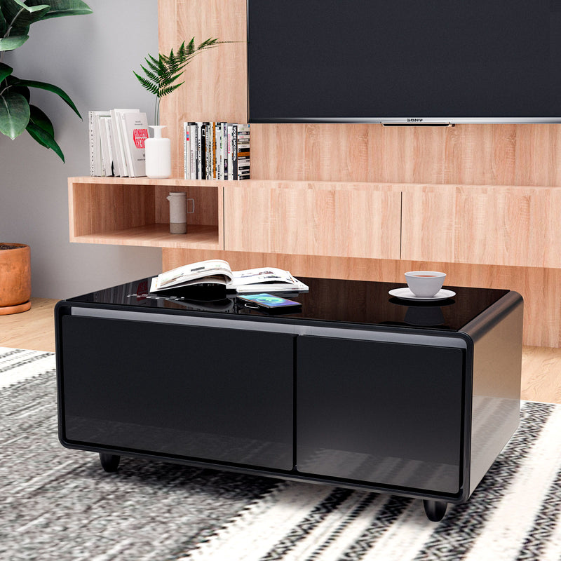 Modern Smart Coffee Table With Built-In Fridge - Bluetooth Speaker, Wireless Charging, Touch Control Panel, USB Interface, Outlet Protection, Atmosphere Light