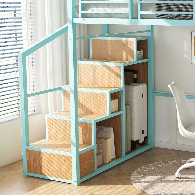 Heavy Metal Frame Full Loft Bed With Desk & Storage, 4 Cabinets, Staircase, Rack Space Saver - Green