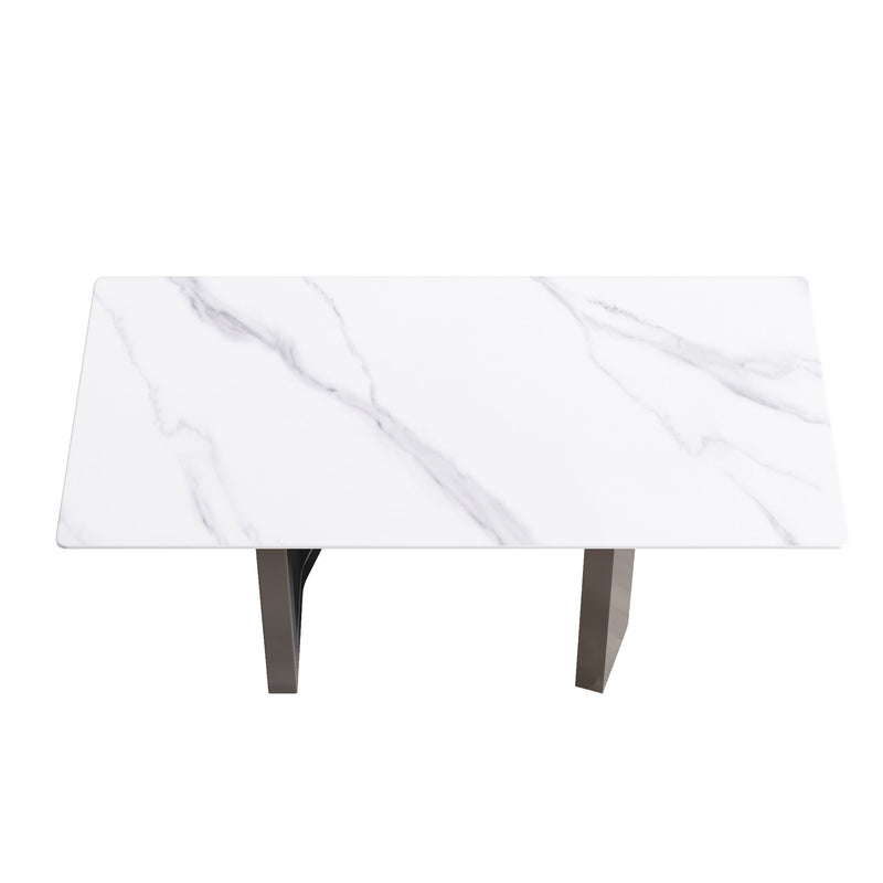 70.87" Modern Artificial Stone White Straight Edge Black Metal Leg Dining Table - White / Black