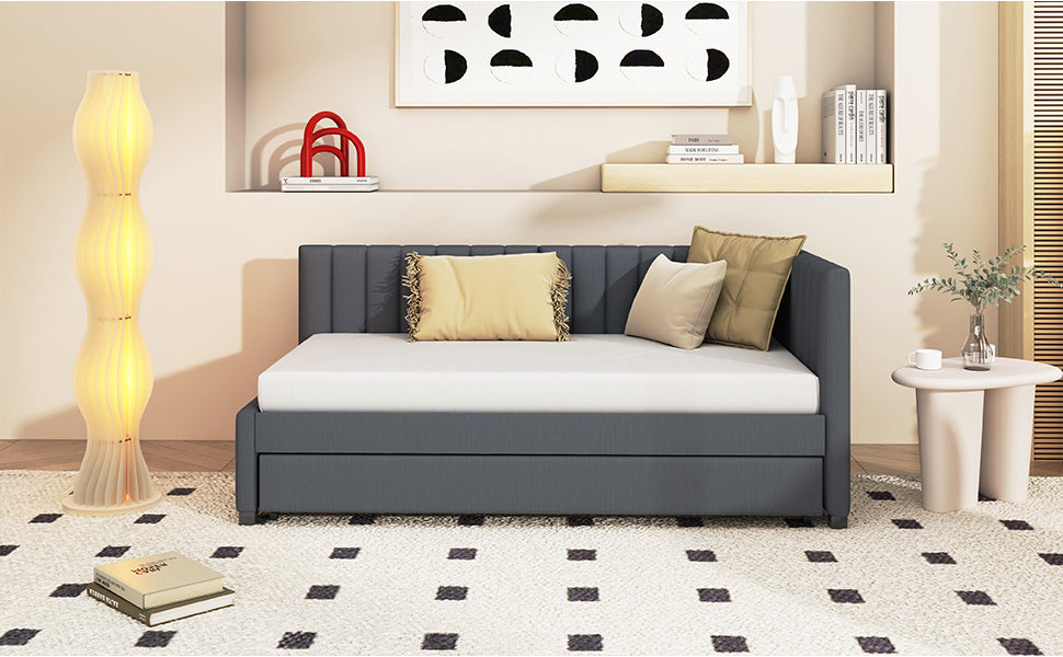 Upholstered Daybed with Trundle Twin Size Sofa Bed Frame No Box Spring Needed, Linen Fabric(Gray) - Atlantic Fine Furniture Melbourne FL