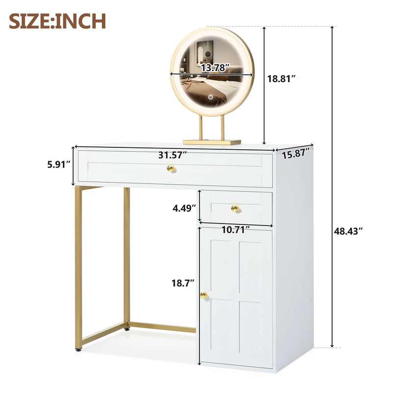 Makeup Vanity Desk With Lighted Mirror, Luxury Dressing Table With 2 Drawers And 1 Cabinet, 3 Lighting Modes Available For Bedroom - White / Gold