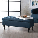 Hyatt - Suede Storage Ottoman With Tufted Top And Dark Wooden Legs - Navy Blue