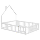 Full House-Shaped Headboard Floor Bed with Fence ,White