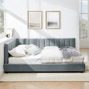 Mid-Century Upholstered Tufted Bed Frame With Backrest And Armrests