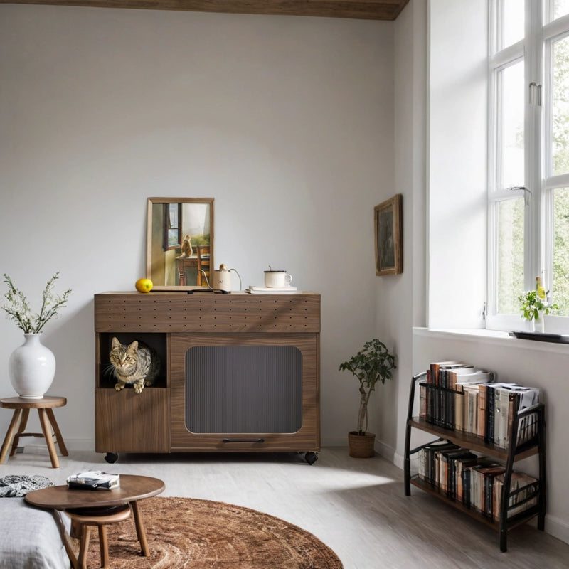 Furniture Style Multi Use Cat Litter Box House With Storage - Walnut