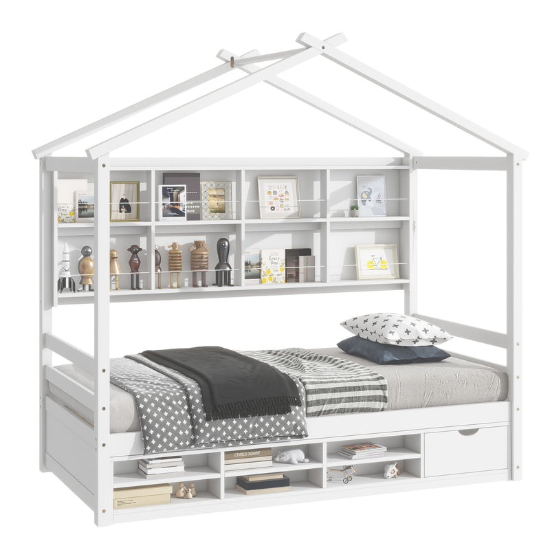 House Bed With Roof Frame, Bedside-Shelves, Under Bed Storage Unit