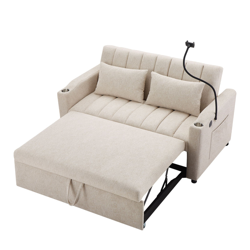 Convertible Sofa Bed Loveseat Sofa With Three USB Ports, Two Side Pockets, Two Cup Holders And 360° swivel Phone Holder For Living Room