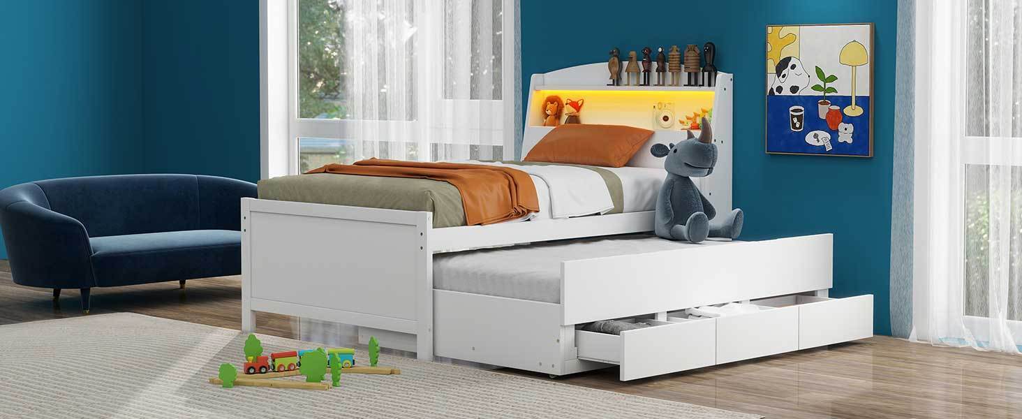 Twin Size Platform Bed with Storage LED Headboard, Twin Size Trundle and 3 Drawers, White - Atlantic Fine Furniture Melbourne FL