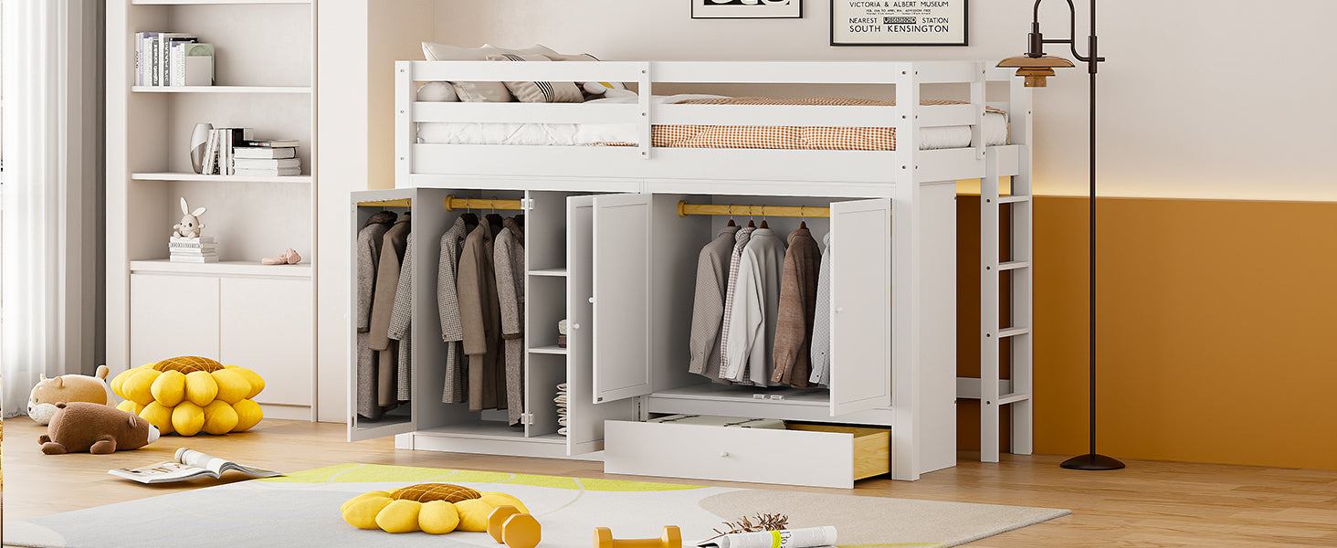 Twin size Loft Bed with Drawer, Two Wardrobes and Mirror, White - Atlantic Fine Furniture Melbourne FL