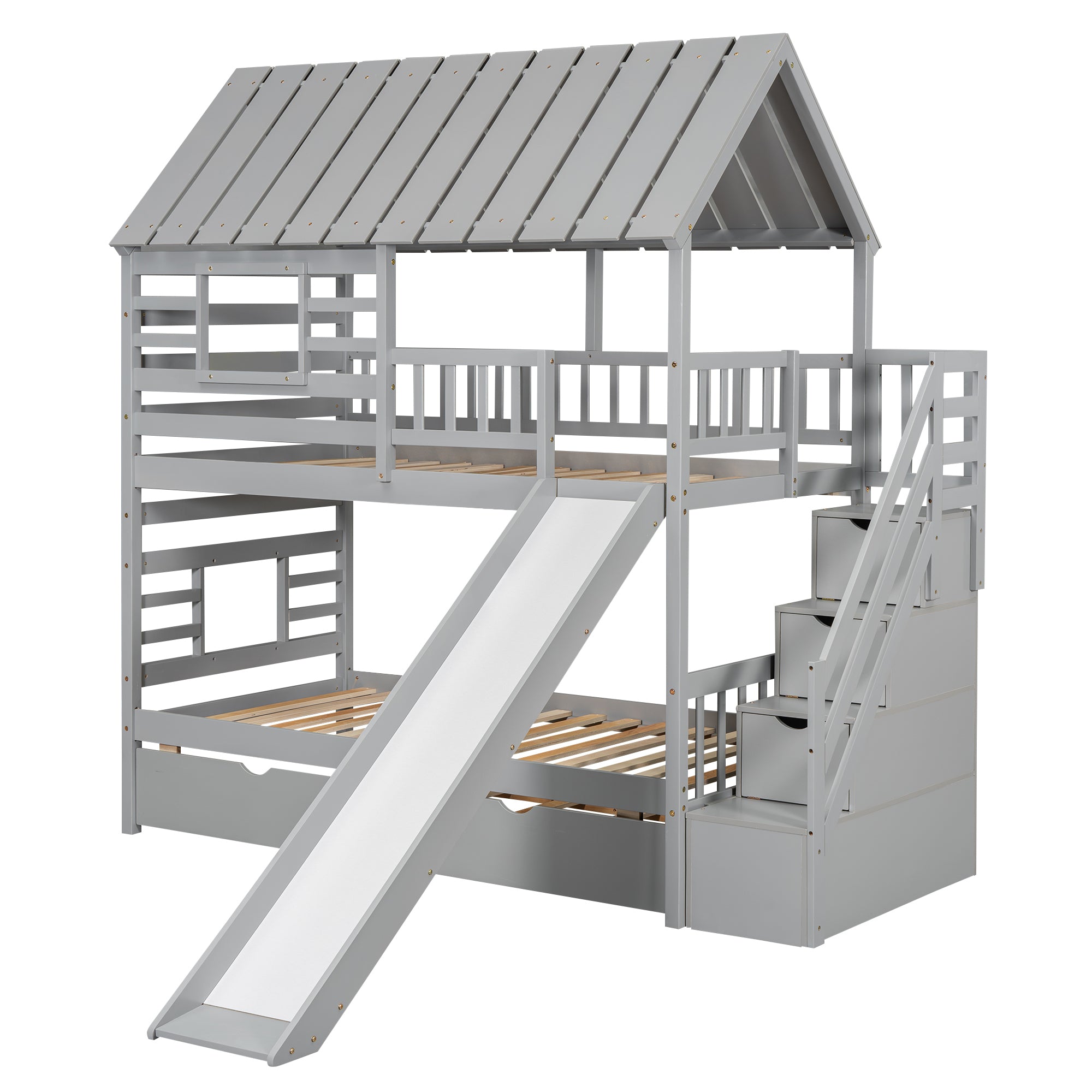 Twin over Twin House Bunk Bed with Trundle and Slide, Storage Staircase, Roof and Window Design, Gray(Old SKU: GX000931AAE) - Atlantic Fine Furniture Melbourne FL